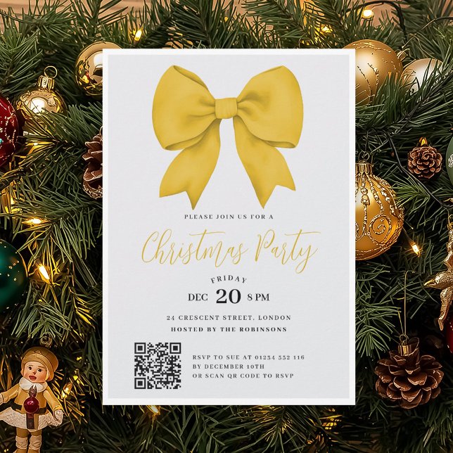 Modern QR Gold Holiday Bow Christmas Party Einladung (Modern QR Gold Holiday Bow Christmas Party Invitation)