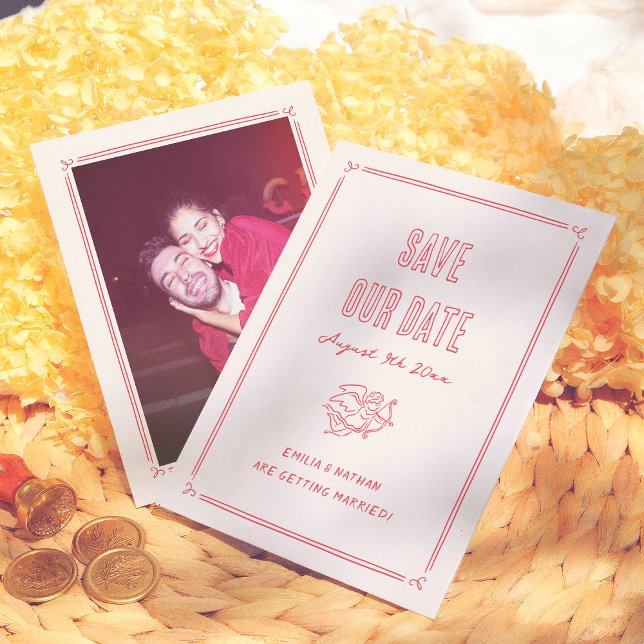 Modern Quirky Retro Hand Drawn Cupid Photo Wedding Save The Date (Von Creator hochgeladen)