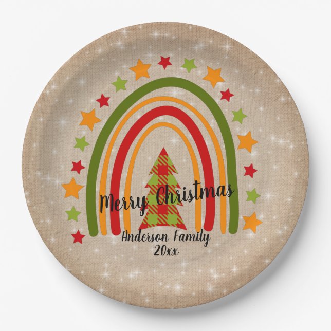 Modern Rainbow Christmas Tartan Tree 20xx Text 9" Pappteller (Vorderseite)