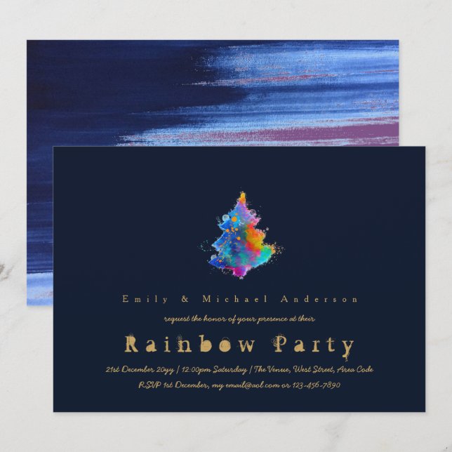 Modern Rainbow Christmas Tree Trendy Navy Blue Einladung (Vorne/Hinten)