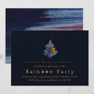 Modern Rainbow Christmas Tree Trendy Navy Blue Einladung