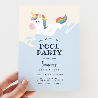 Modern Rainbow Unicorn Summer Pool Party Birthday Einladung