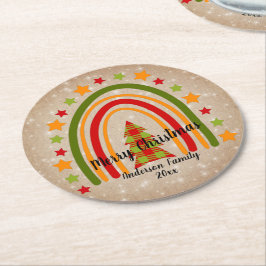 Modern Rainbow Weihnachten Tartan Tree 20xx Text Runder Pappuntersetzer