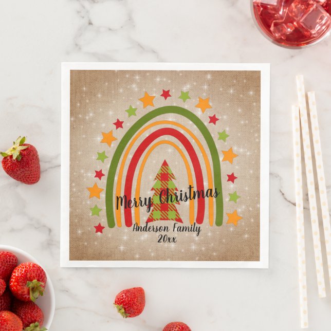 Modern Rainbow Weihnachten Tartan Tree 20xx Text Serviette (Beispiel)