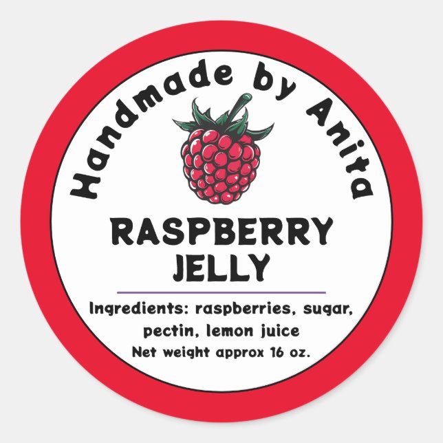 Modern Raspberry Jam oder Jelly Canning Jar Label Runder Aufkleber (Vorderseite)