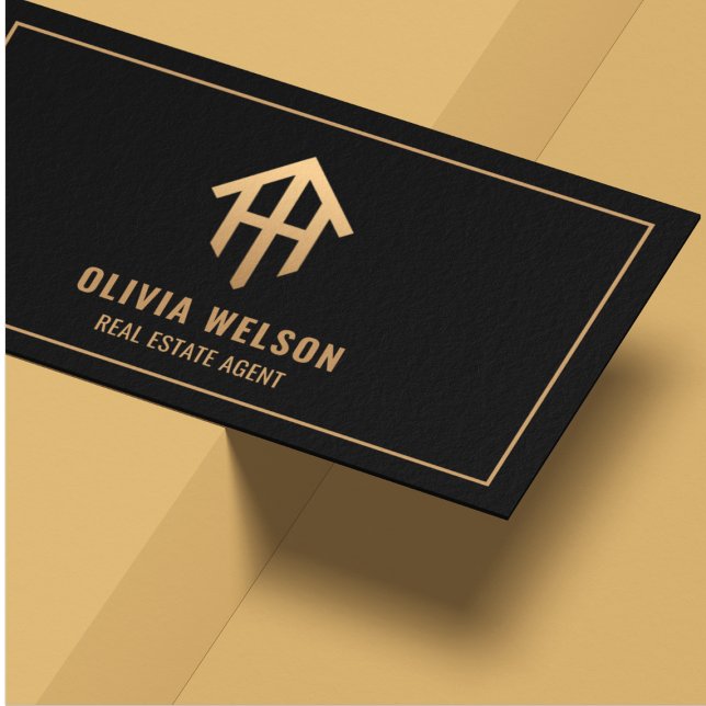 Modern Real Anwesen Agent Gold House Logo & Black Visitenkarte (Von Creator hochgeladen)