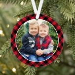 Modern Red and Black Buffalo Plaid Photo Ornament<br><div class="desc">Photo ornament design for the holidays features your favorite image with year text in white (can be customized) with red and black buffalo plaid pattern on the back. Personalize the custom "Merry and Bright" family monogram name & year text on the back or remove. Photo tip: crop photo to square...</div>