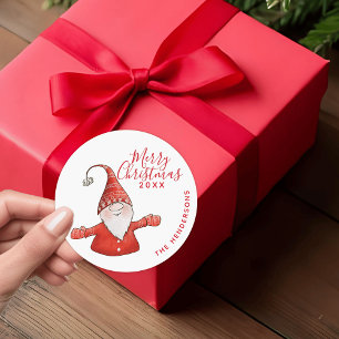 Modern Red and White Fun Gnome Frohe Weihnachten Runder Aufkleber