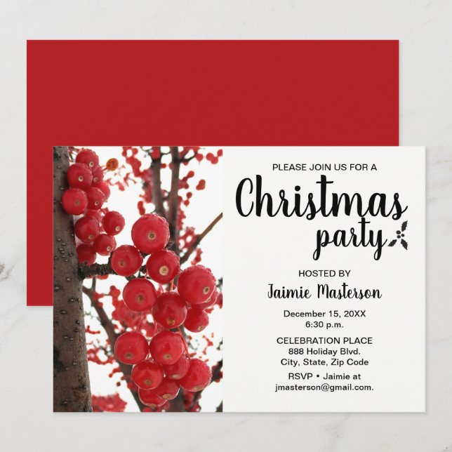 Modern Red Berry Christmas Party Einladung (Vorne/Hinten)