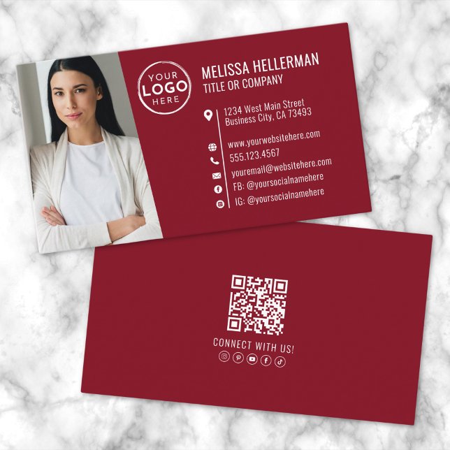 Modern Red Beruflich QR Code Foto Logo Visitenkarte (Modern Red Professional QR Code Photo Logo Business Card )