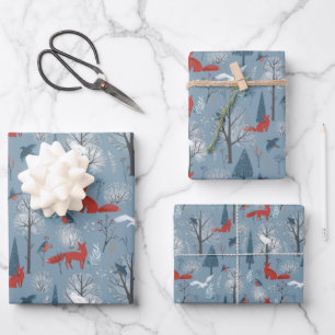 Modern Red Blue Nordic Winter Foxes Birds Pattern Geschenkpapier Set