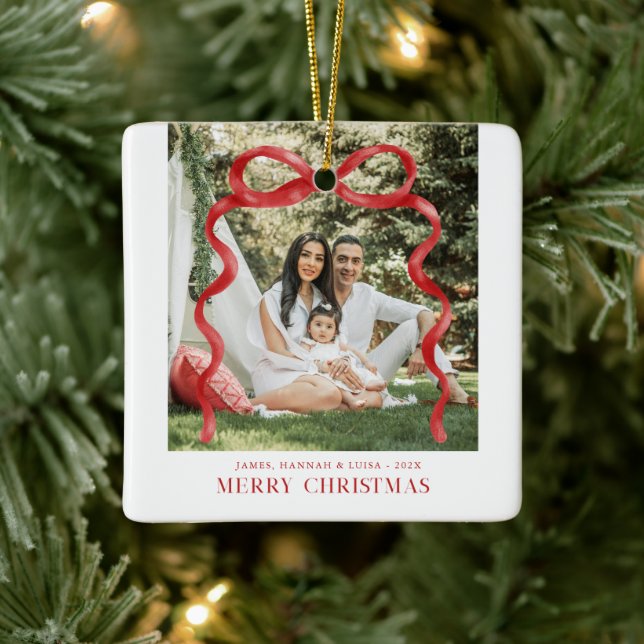 Modern Red Bow Merry Christmas Photo Keramikornament (Baum)