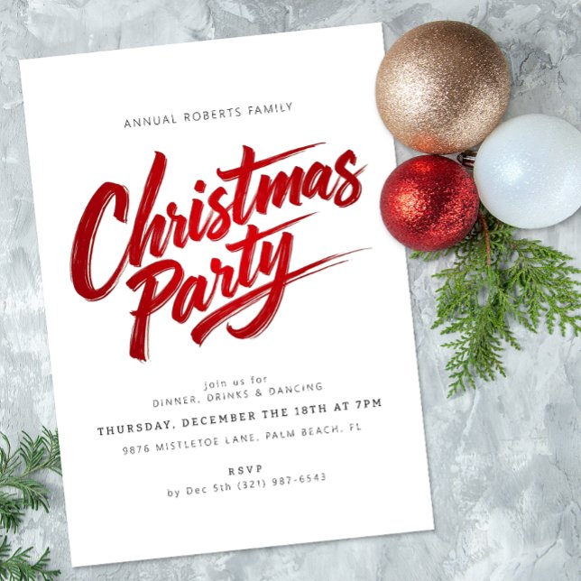 Modern Red Brush Script Weihnachten Party Einladun Einladung (Christmas Party Invite)