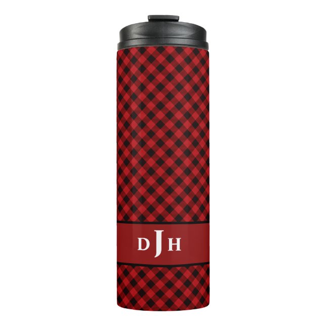 Modern Red Buffalo Black Pattern Monogram Thermosbecher (Vorderseite)