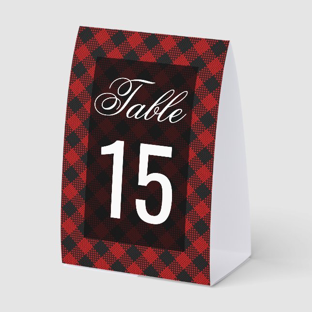 Modern Red Buffalo Plaid Wedding Table Number Tischaufsteller (Vorderseite)