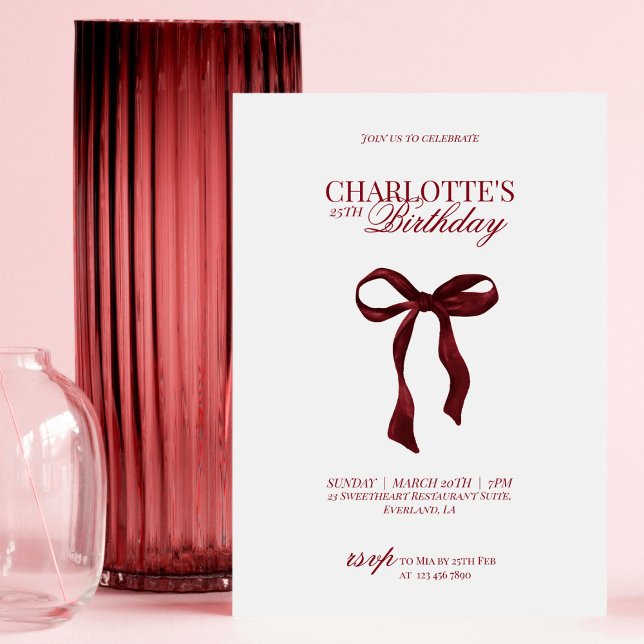 Modern Red Burgundy Bow Birthday Invitation (Créateur téléchargé)