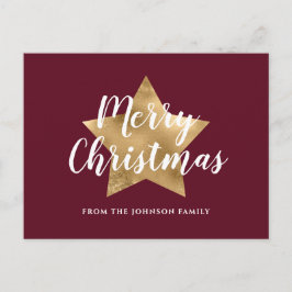 Modern Red Burgundy Gold Star Frohe Weihnachten Postkarte