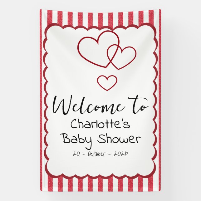 Modern Red Chalk Stripes Triple Hearts Baby Shower Banner (Vertikal)