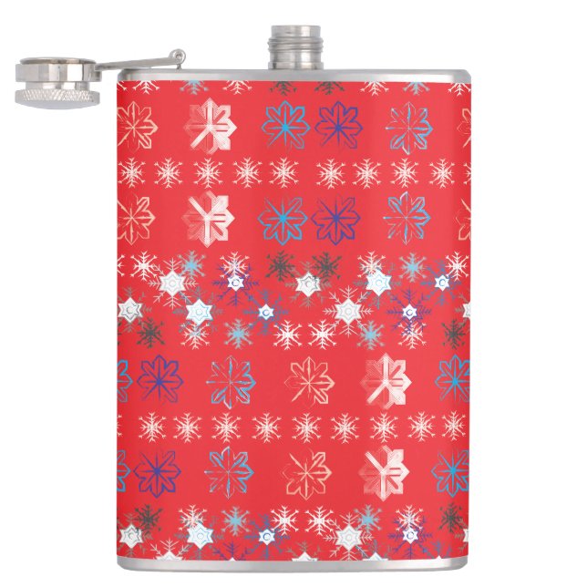 Modern Red Christmas Holiday Snowflake Muster Flachmann (Geöffnet)