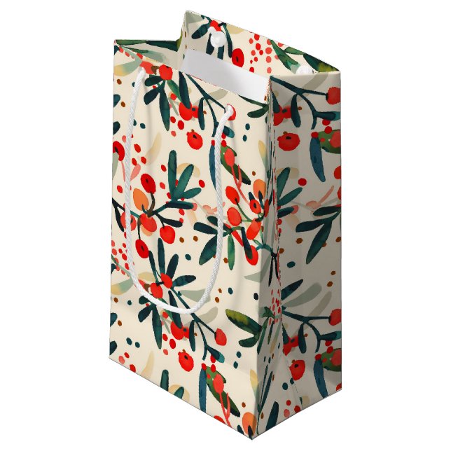 Modern Red Christmas Holly Berries Kleine Geschenktüte (Vorderseite Schrägansicht)