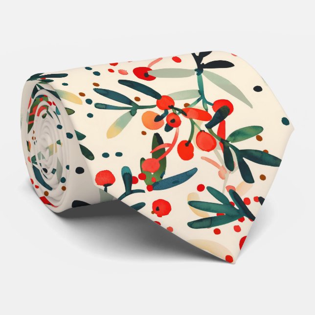 Modern Red Christmas Holly Berries Krawatte (Gerollt)