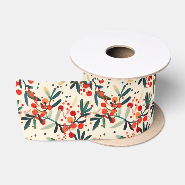 Modern Red Christmas Holly Berries Satinband (Spule)