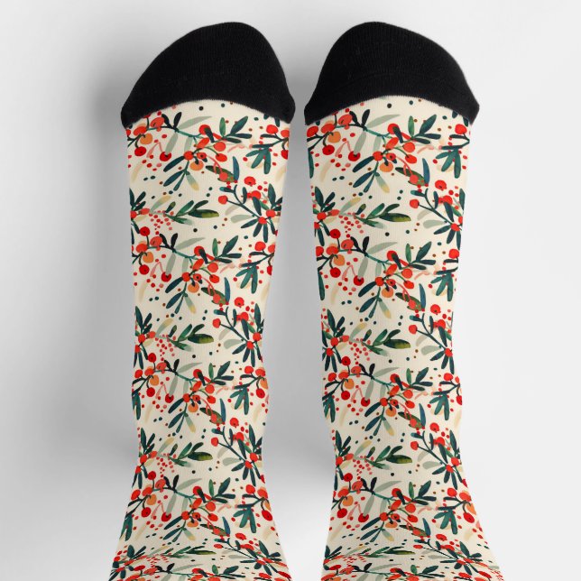 Modern Red Christmas Holly Berries Socken (Oben)