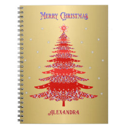 Modern Red Christmas Tree Snowflakes Name Gold Notizblock