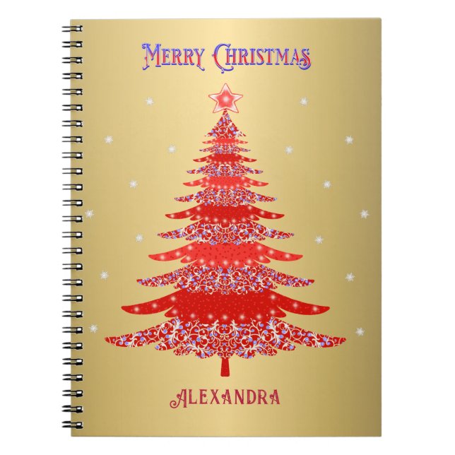 Modern Red Christmas Tree Snowflakes Name Gold Notizblock (Vorderseite)