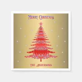 Modern Red Christmas Tree Snowflakes Name Gold Serviette