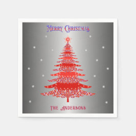 Modern Red Christmas Tree Snowflakes Name Silver Serviette