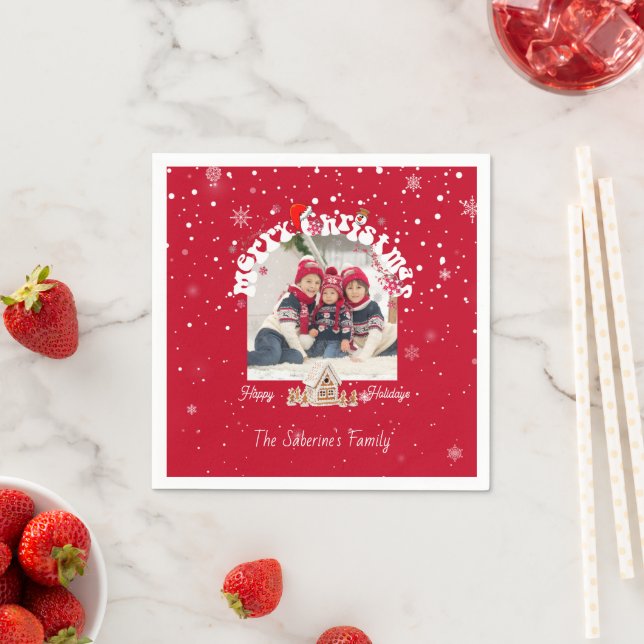 Modern Red Curved Graffiti Merry Christmas Photos  Serviette (Beispiel)