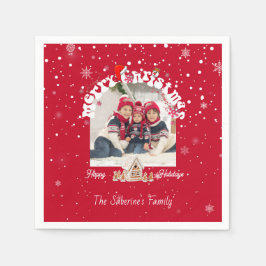 Modern Red Curved Graffiti Merry Christmas Photos Serviette