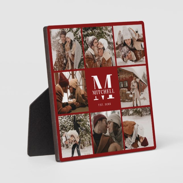 Modern Red Custom Family Foto Collage | Monogramm Fotoplatte (Vorderseite)