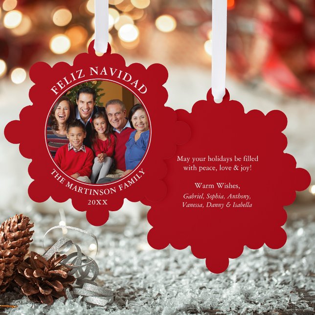 Modern Red Feliz Navidad Foto Ornament Karte (A greeting card that is also an ornament! Customize with your photo and personalized text.)