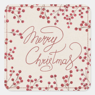 Modern Red Fire Berry Frohe Weihnachten Quadratischer Aufkleber