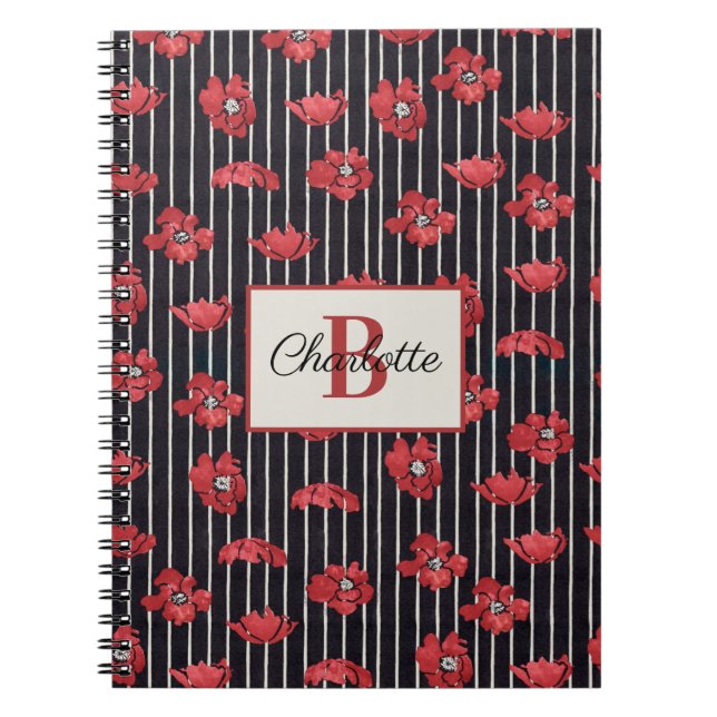 Modern Red Floral Monogram Spiral Foto Notebook Notizblock (Vorderseite)