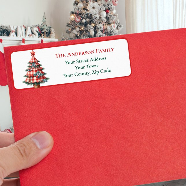 Modern Red Gingham Christmas Tree Ornaments Name (Von Creator hochgeladen)