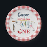 Modern Red Gingham Fishing 1st Birthday  Pappteller<br><div class="desc">Modern Red Gingham Fishing 1st Birthday Paper Plate 

Boys first birthday fishing themed paper plate featuring a fishing rod,  lures,  fish,  dragonflies and worm on an arch and red gingham pattern background.</div>