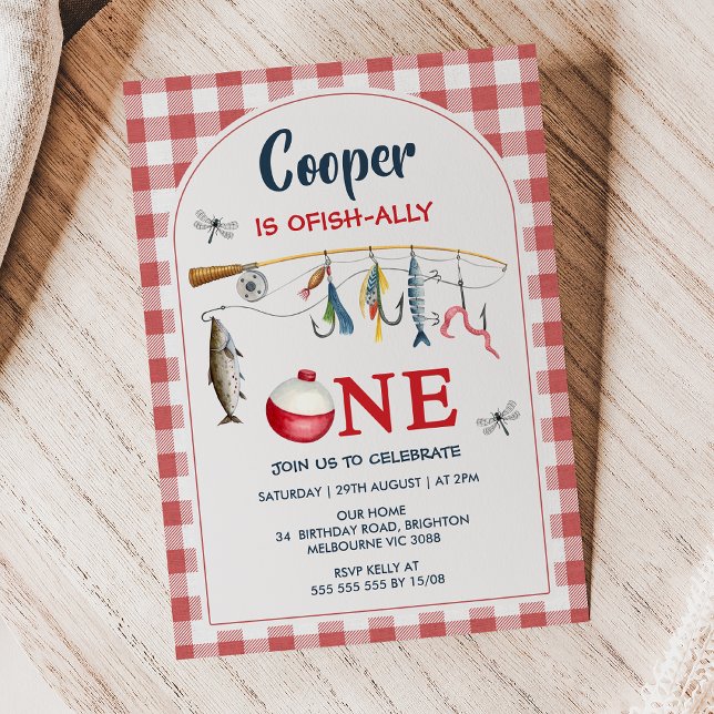 Modern Red Gingham Ofishally One 1st Birthday Einladung (Ofishally One Invitation Template, Ofishally One Invite, Boys Birthday Invitation Ofishally One
)