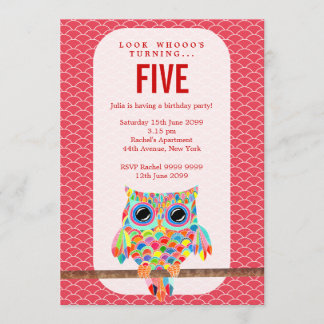 Modern Red Girls Geburtstagsparty Rainbow Owl Einl Einladung