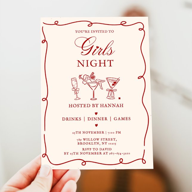 Modern Red Girls Night Dinner Party  Invitation (Créateur téléchargé)