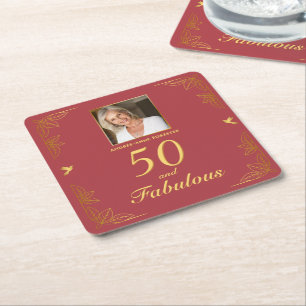 Modern Red Gold 50 Fabelhafte Foto-Geburtstag Rechteckiger Pappuntersetzer