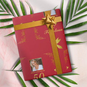 Modern Red Gold 50 Fantastisches Foto Geburtstag Geschenkpapier