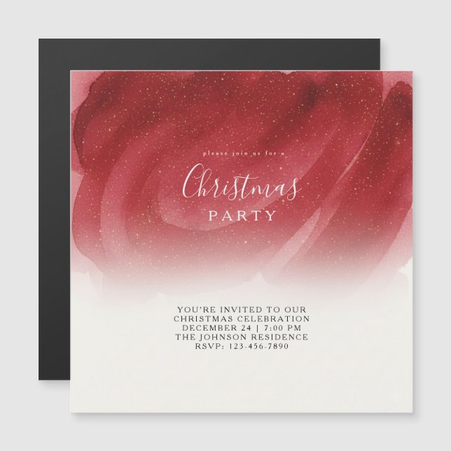 Modern Red & Gold Abstract Magnetic Christmas Invi Magneteinladung (Vorne/Hinten)