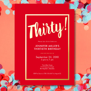 Modern Red & Gold Foil 30. Geburtstag Folieneinladung