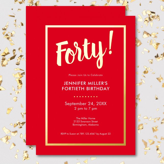 Modern Red & Gold Foil 40. Geburtstag Folieneinladung (Modern Red & Gold Foil 40th Birthday Foil Invitation)