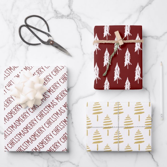 Modern Red & Gold Frory Weihnachtsbaume Geschenkpapier Set (Vorderseite)