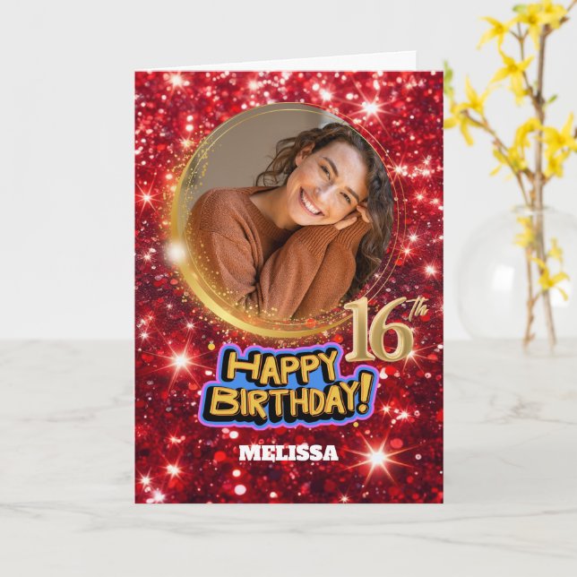 Modern Red & Gold Glitter Photo Name 16th Birthday Karte (Gelbe Blume)