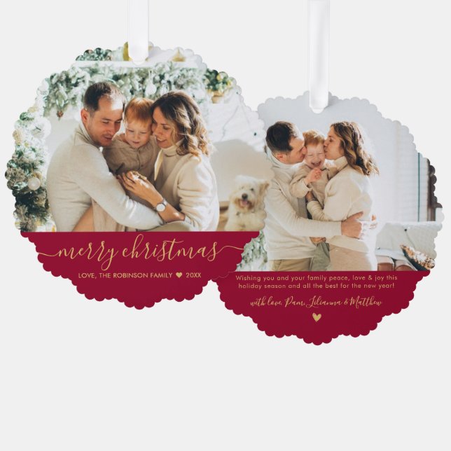 Modern Red Gold Script 2 Foto Weihnachten Ornament Karte (Vorderseite/Rückseite)